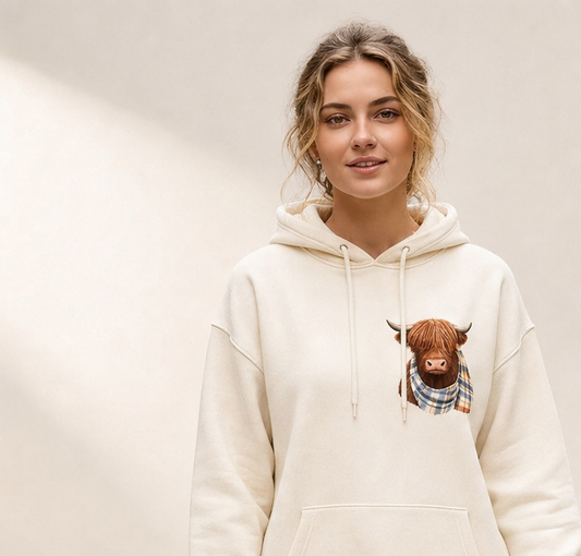Felpa con Mucca Highland | Hoodie Donna Oversize in Pile - Stampa Simpatica Mucca Scozzese lifestyle