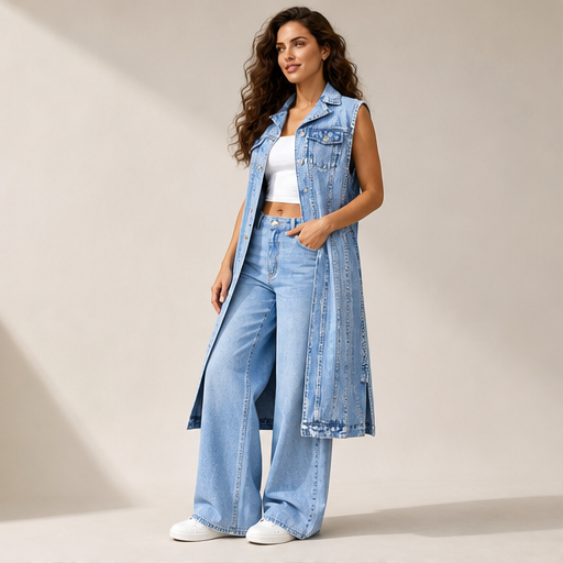 Gilet Vestito Denim Senza Maniche | Abito Lungo con Spacco Alto - Stile Jeans Longline lifestyle