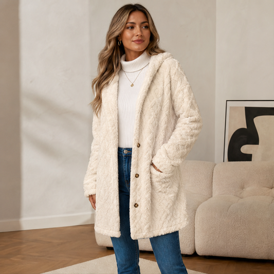 Velania – Giacca Peluche con Cappuccio Motivo a Rombi lifestyle