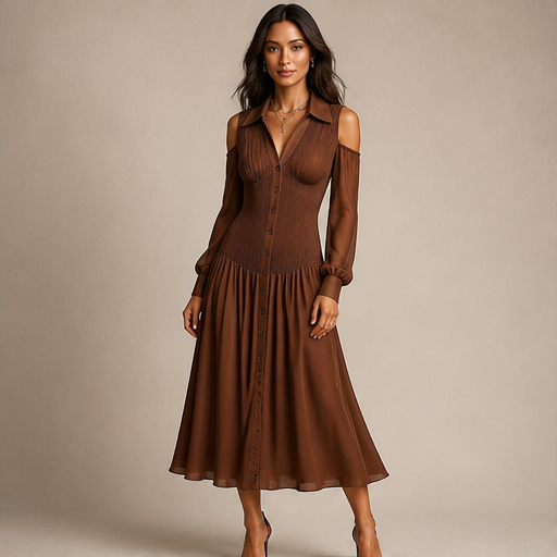 Vestito Camicia Midi Marrone | Spalle Scoperte in Chiffon - Vita Arricciata con Bottoni lifestyle