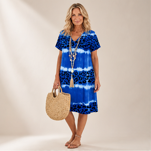 Abito Tie-Dye Leopardato Scollo a V | Vestito Casual Donna - Comfort Estivo per Spiaggia e Tempo Libero lifestyle