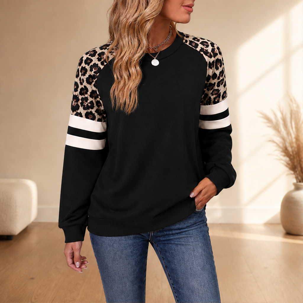 Velmara – Felpa Color Block con Maniche Leopardate lifestyle