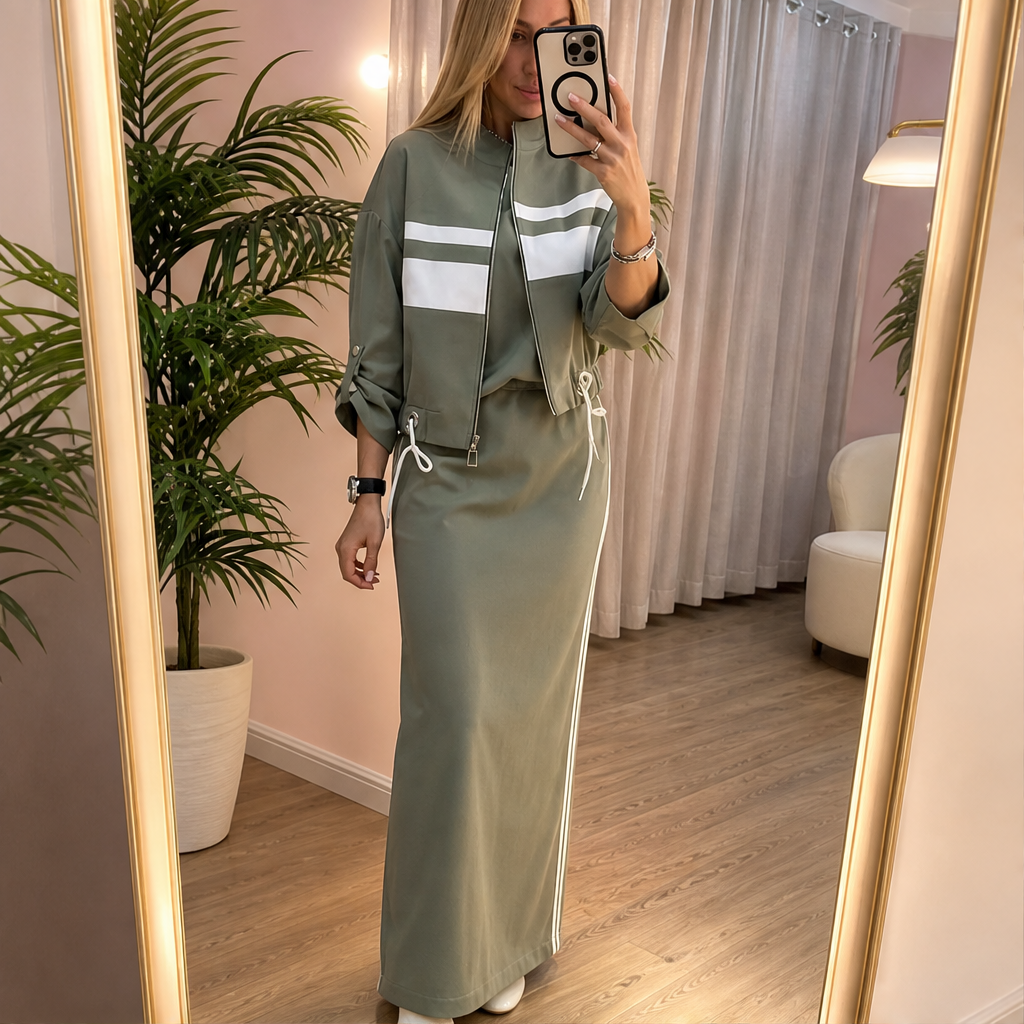 Varenza – Giacca Color-Block e Abito Midi, Set Due Pezzi lifestyle