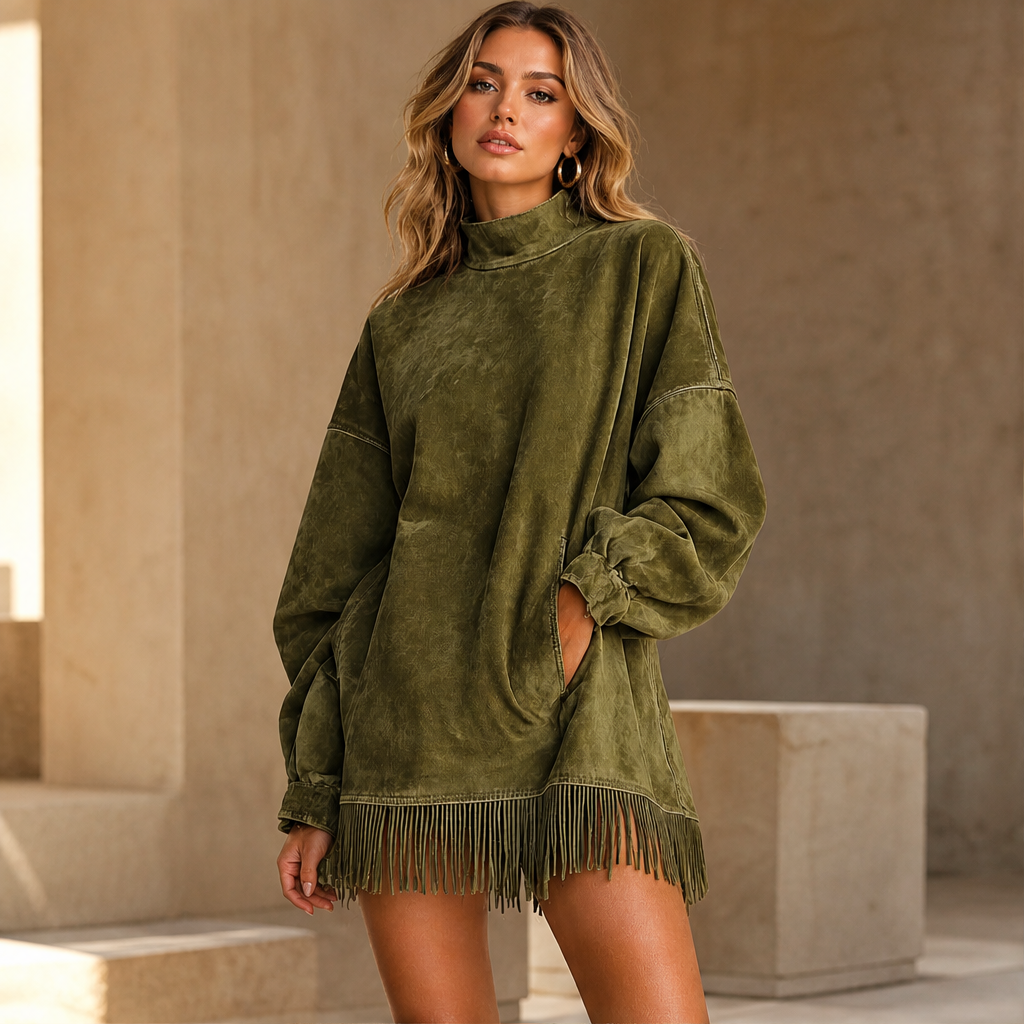 Varonne – Abito Dolcevita Effetto Denim con Frange lifestyle