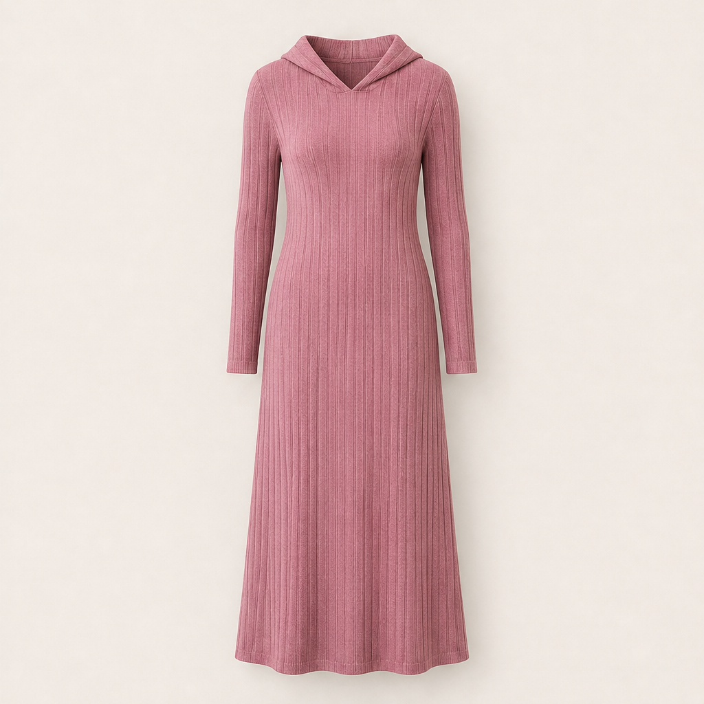 Velorena – Abito Maxi in Maglia a Coste con Cappuccio Pink