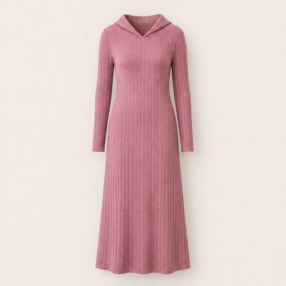 Velorena – Abito Maxi in Maglia a Coste con Cappuccio Pink