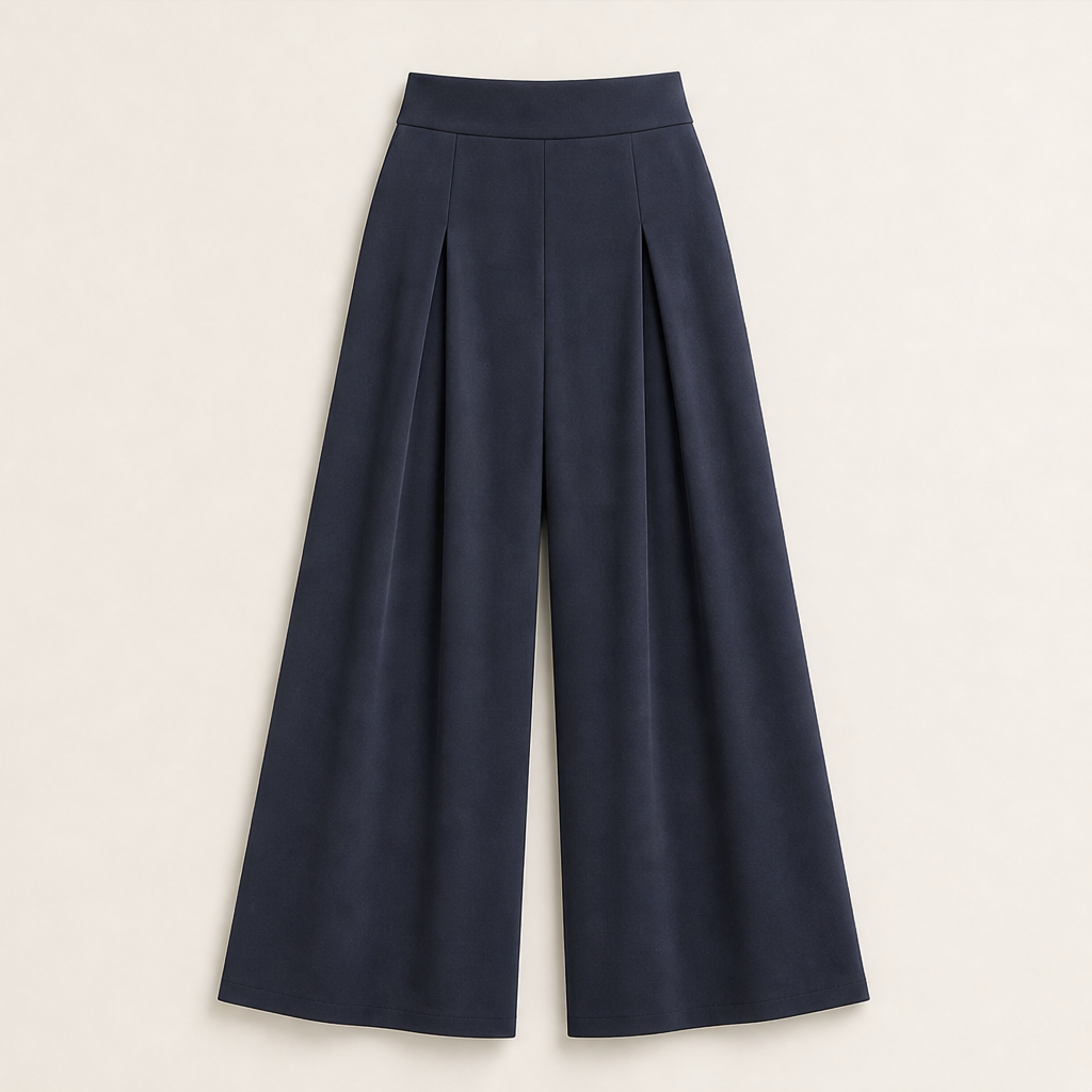 Kuquo – Pantaloni Plissettati a Vita Alta Palazzo Navy