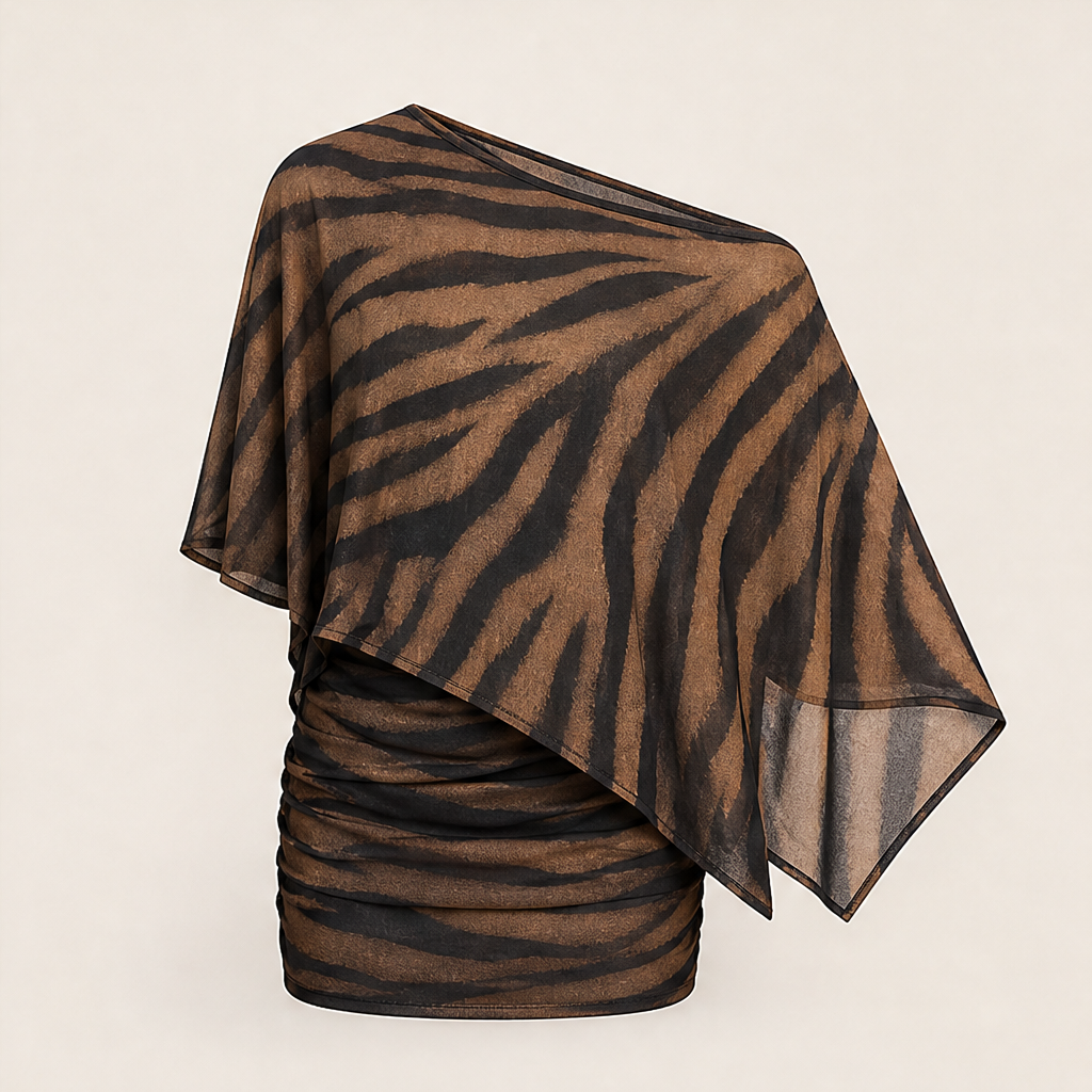 Completo Due Pezzi Marrone con Stampa Tigrata | Top Monospalla con Scialle e Gonna – Elegante in Rete Trasparente