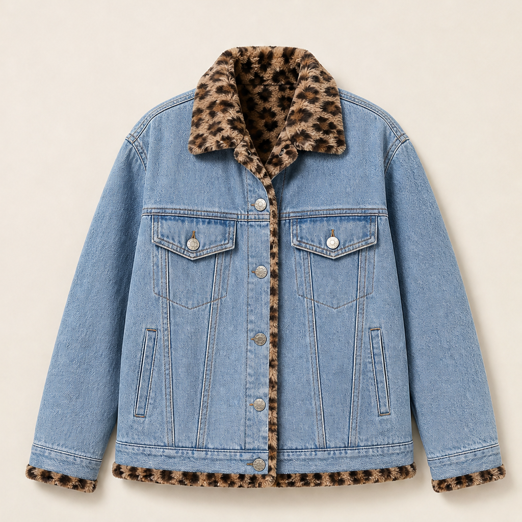 Velmora – Giacca di Jeans Reversibile con Interno Leopardo Light Blue