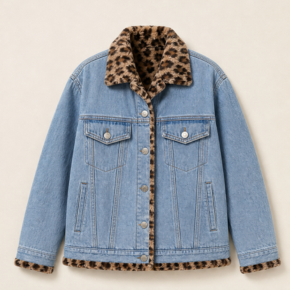 Velmora – Giacca di Jeans Reversibile con Interno Leopardo Light Blue