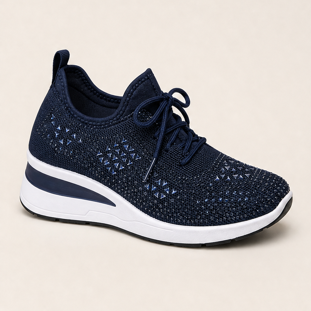 Sneakers Blu Navy in Mesh con Strass | Scarpe con Zeppa e Dettagli Brillanti – Traspiranti con Lacci