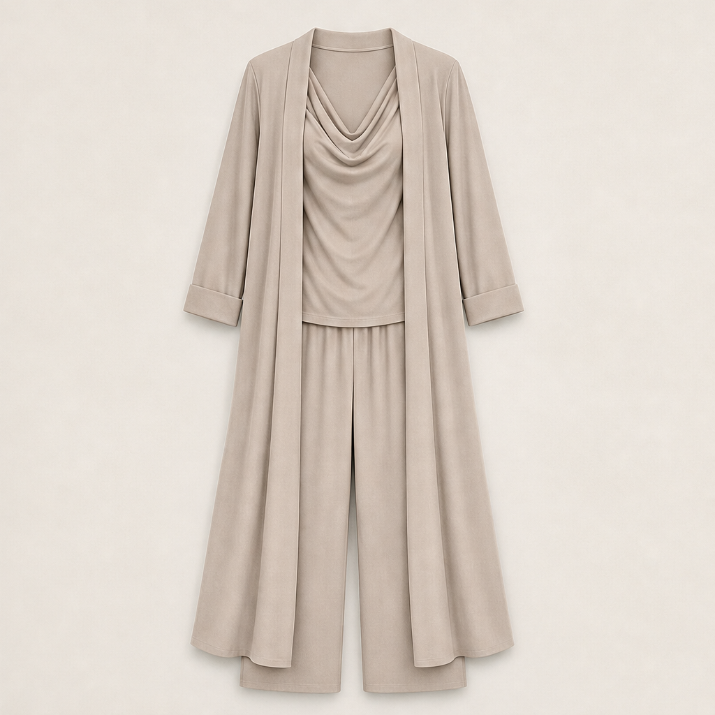 Velmora – Completo 3 Pezzi Top, Pantaloni e Cardigan Lungo Beige