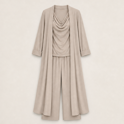 Velmora – Completo 3 Pezzi Top, Pantaloni e Cardigan Lungo Beige