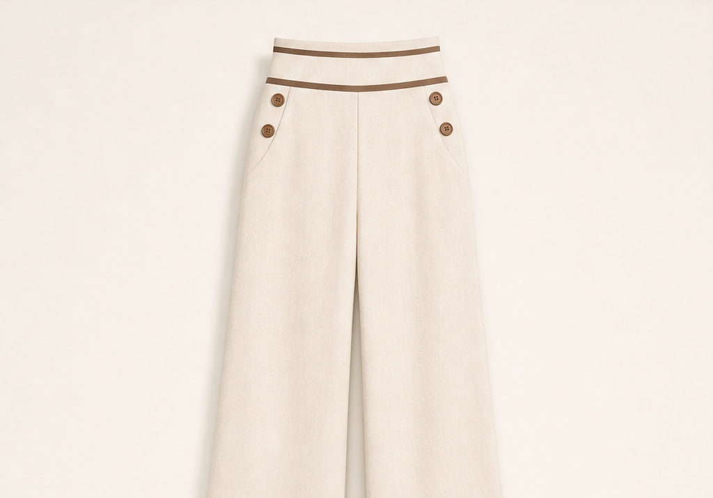 Pantaloni a Vita Alta a Gamba Larga | Eleganti con Bottoni a Contrasto - Donna Cream