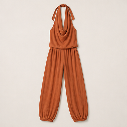 Tuta Con Collo Halter Beige | Jumpsuit Elegante Gamba Larga Donna - Scollo Drappeggiato Rust