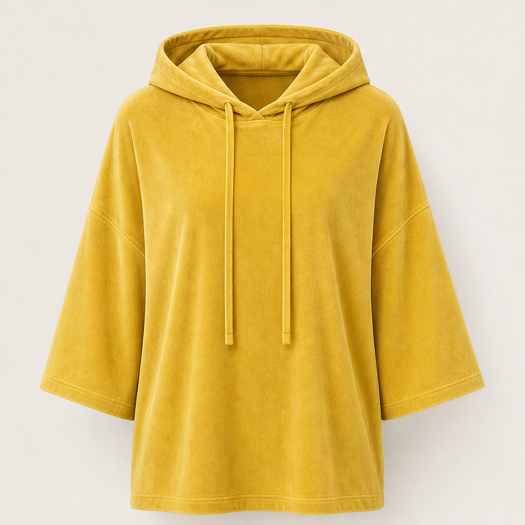 Velmora – Felpa Oversize in Velluto a Maniche 3/4 Mustard