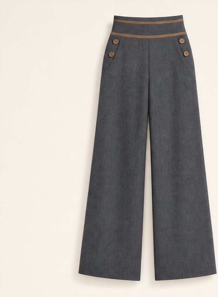 Pantaloni a Vita Alta a Gamba Larga | Eleganti con Bottoni a Contrasto - Donna Charcoal Grey