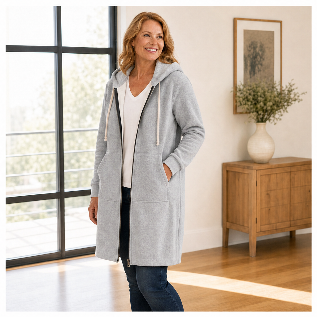 Felpa Lunga Grigia con Cappuccio e Zip | Cardigan Sportivo in Pile Donna - Tasche e Coulisse Heather Grey