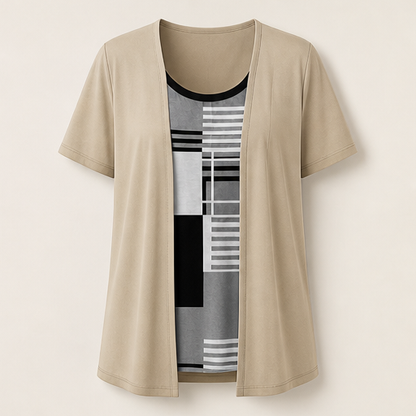 Top Color-Block Effetto Due Pezzi | Maglia Donna con Cardigan Incorporato - Taglie Forti XL-5XL Beige