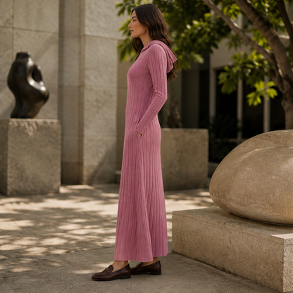 Velorena – Abito Maxi in Maglia a Coste con Cappuccio lifestyle