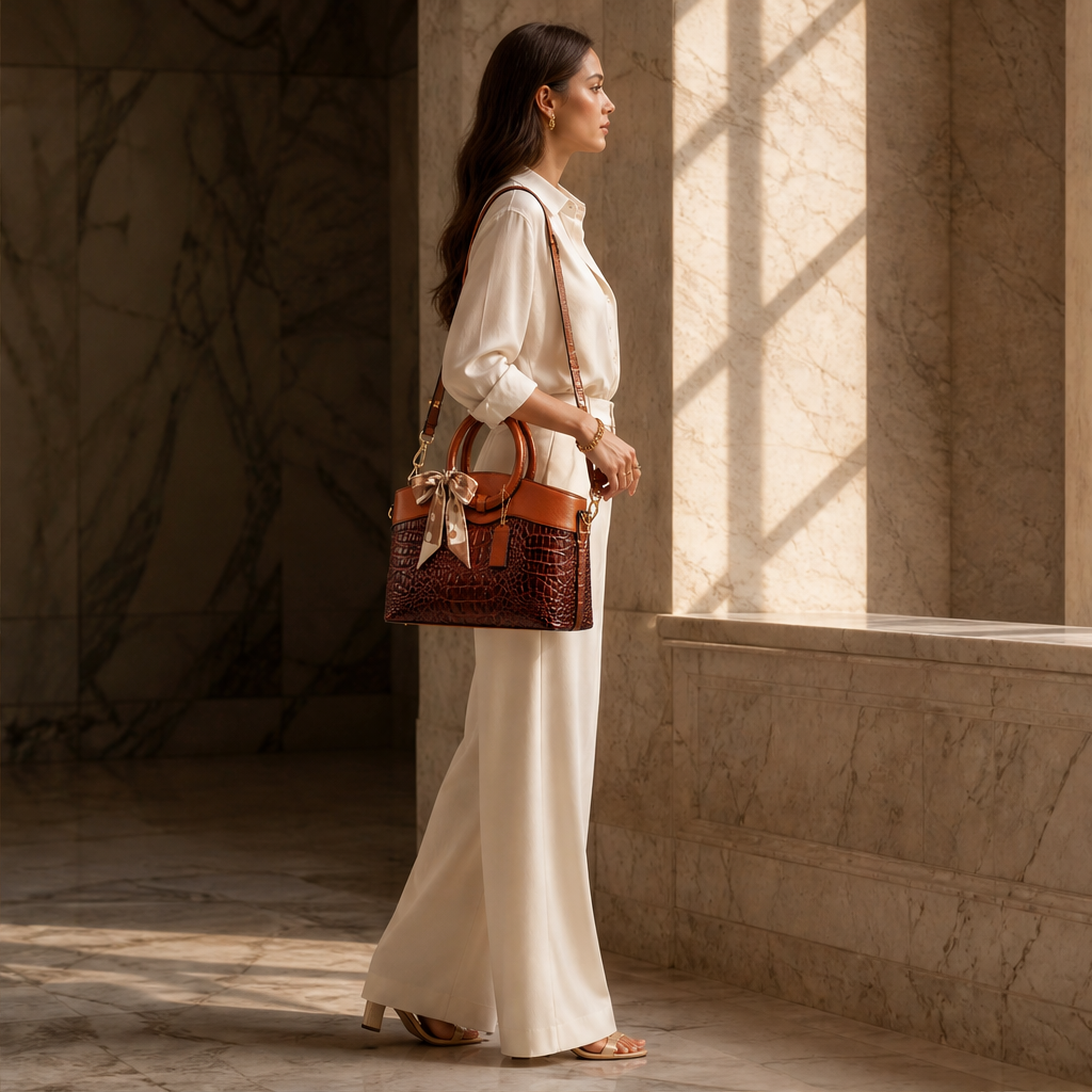 Ladrienne – Borsa in Pelle Effetto Coccodrillo con Manico ad Anello lifestyle