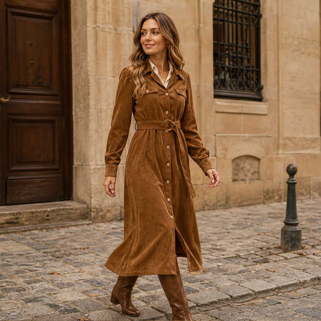 Corvelle – Abito Camicia Midi in Velluto a Coste con Cintura lifestyle