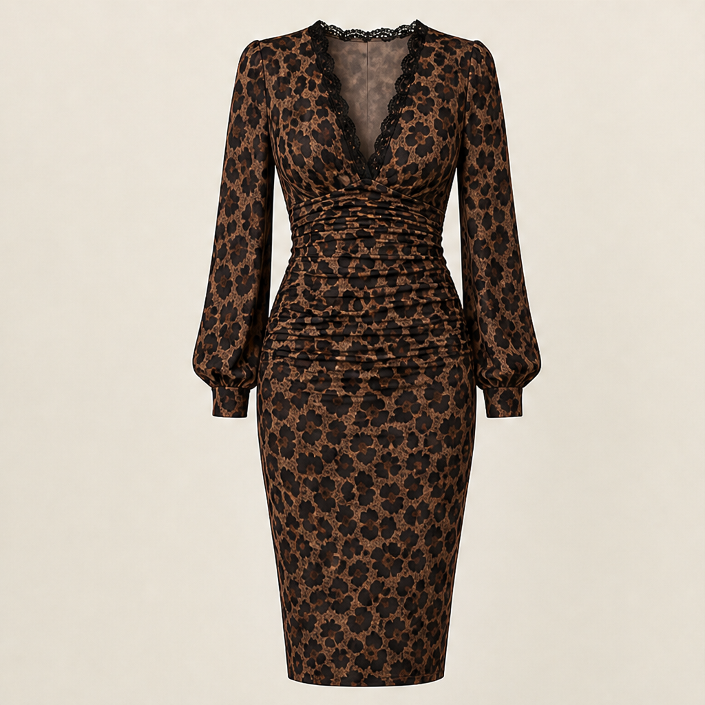 Velmara – Abito Midi Leopardato in Pizzo con Scollo a V Brown Leopard