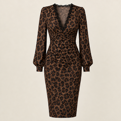Velmara – Abito Midi Leopardato in Pizzo con Scollo a V Brown Leopard