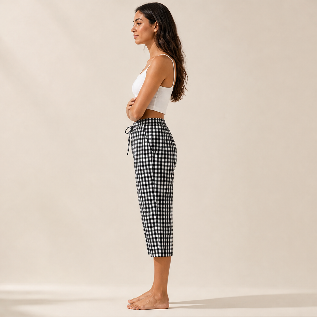 Gingley Pantaloni Capri Donna in Cotone e Lino a Quadretti Vichy con Tasche - Pantaloni Estivi con Vita Elastica e Coulisse lifestyle
