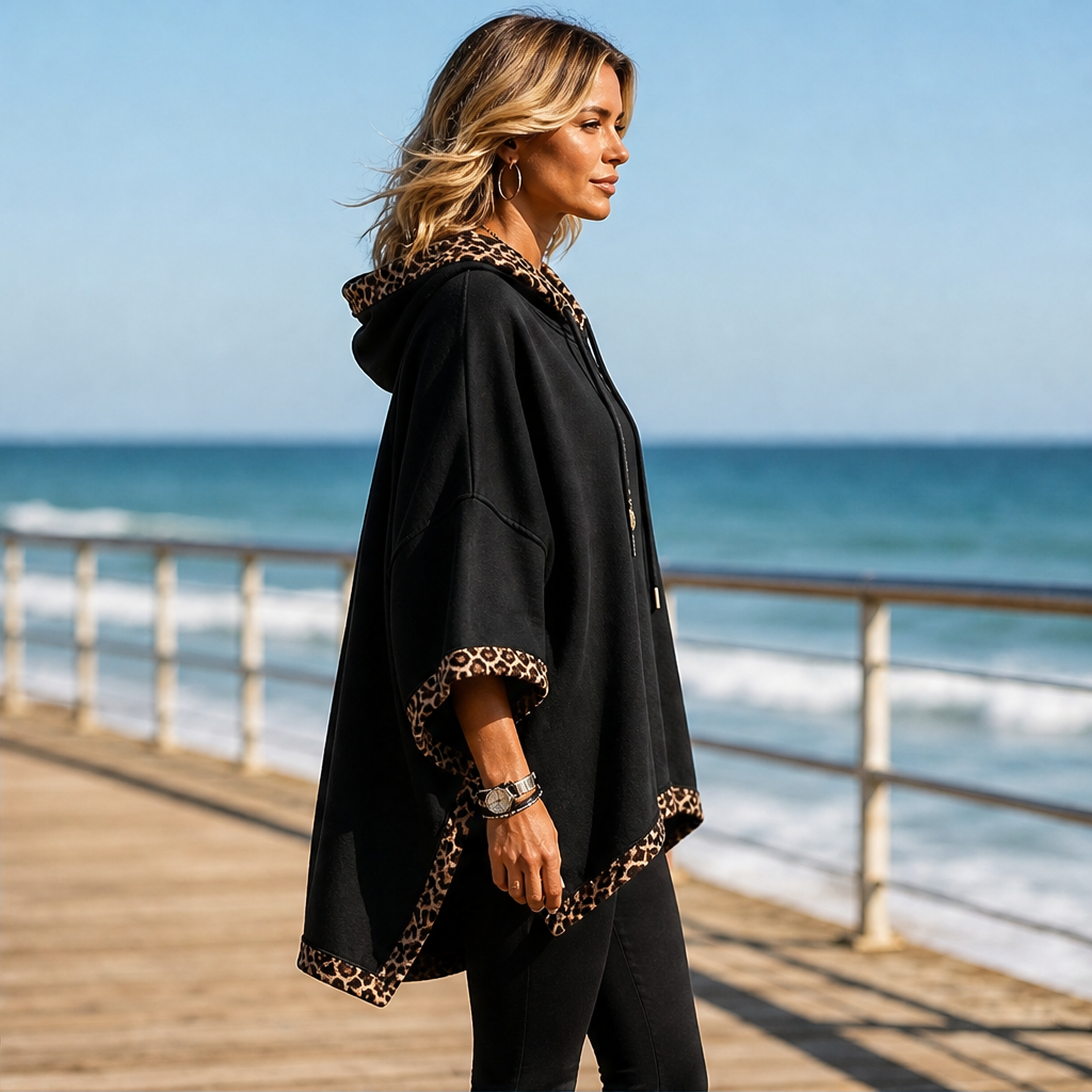 Velmora – Felpa Poncho con Bordo Leopardato lifestyle