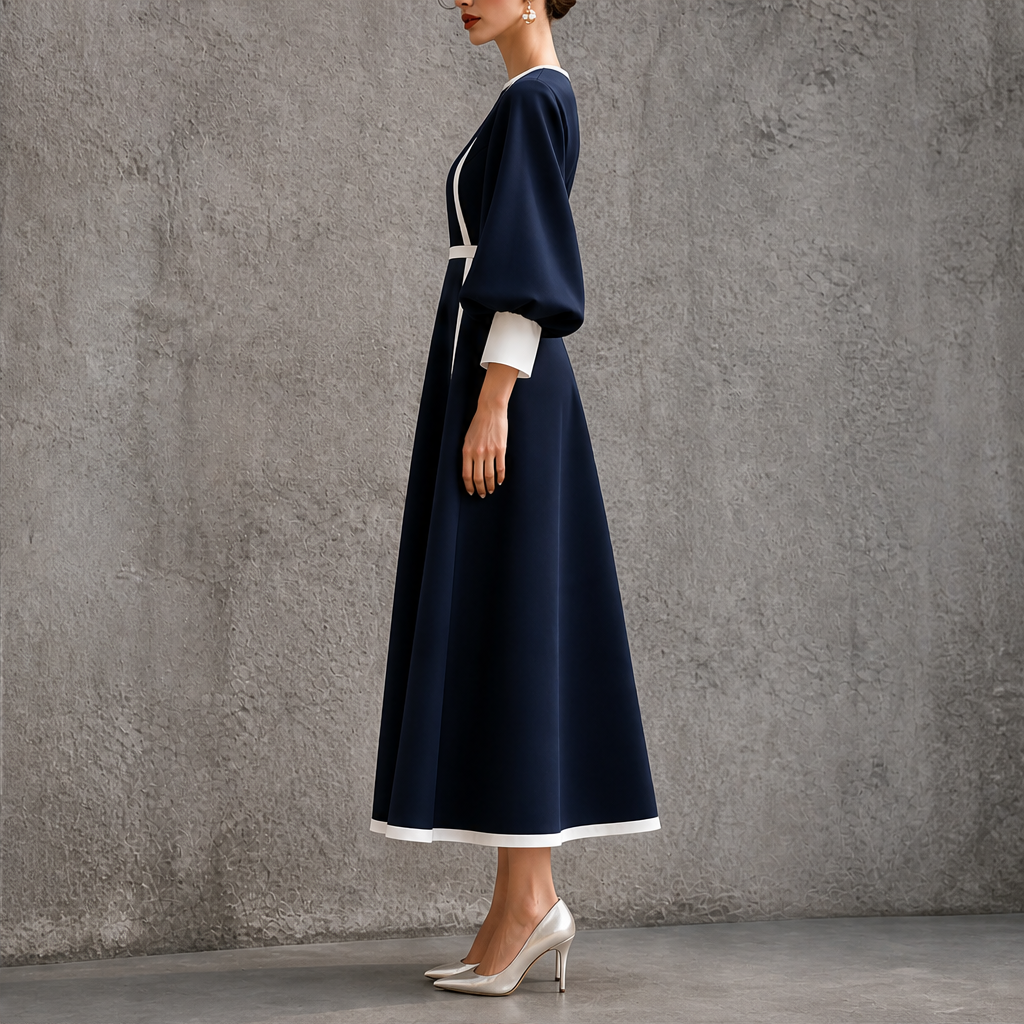 Abito Midi Blu Navy Svasato | Elegante con Vita Cinturata - Maniche a Palloncino e Design a Portafoglio lifestyle
