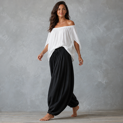 Velmara – Completo Top Spalle Scoperte e Pantaloni Lanterna lifestyle