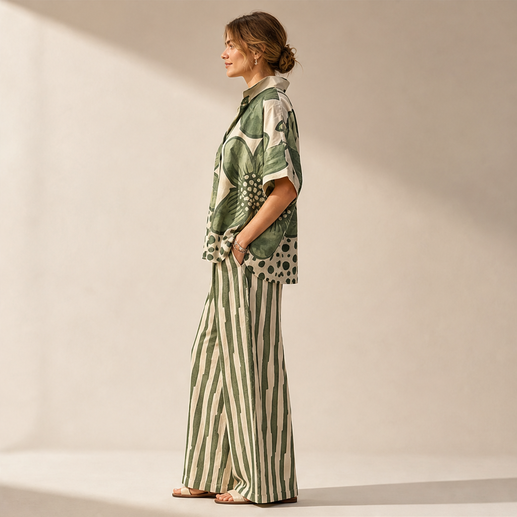 Completo Due Pezzi con Stampa Floreale Verde | Top a Maniche Corte e Pantaloni a Gamba Larga da Donna – Vestibilità Morbida