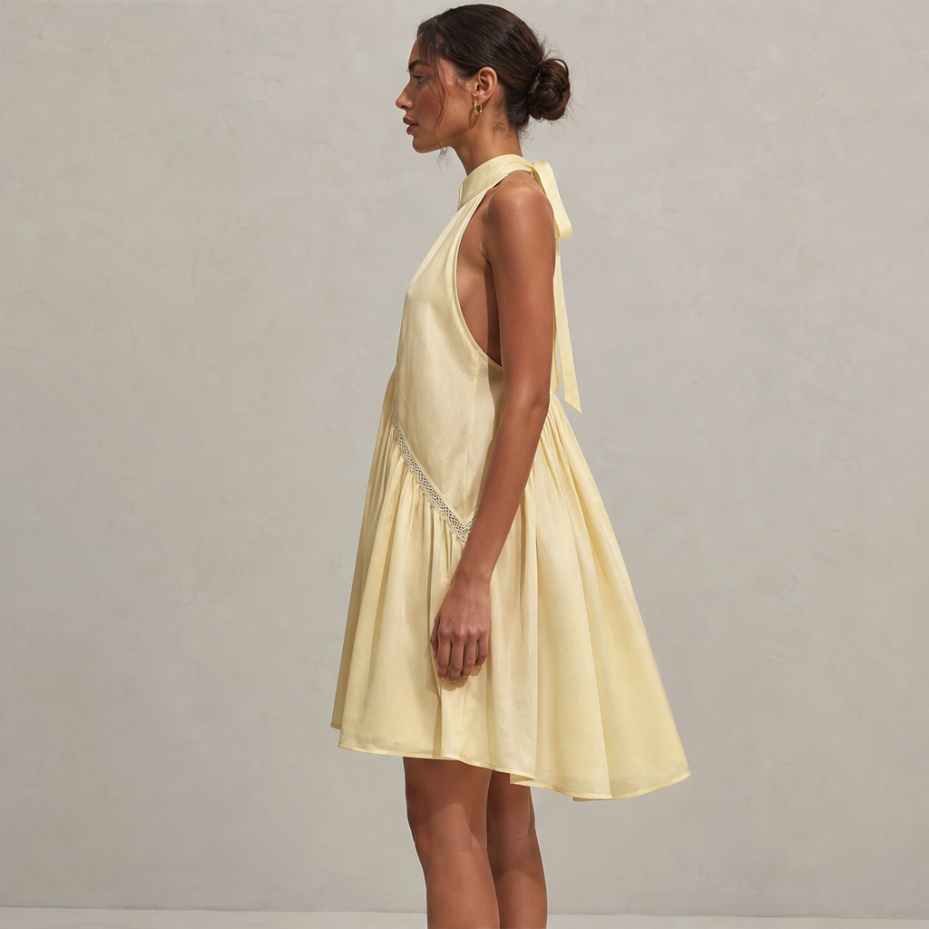 Marigold Miniabito Donna Senza Maniche con Scollo a V Profondo e Bordo in Pizzo - Abito Estivo Fluido con Collo all'Americana lifestyle