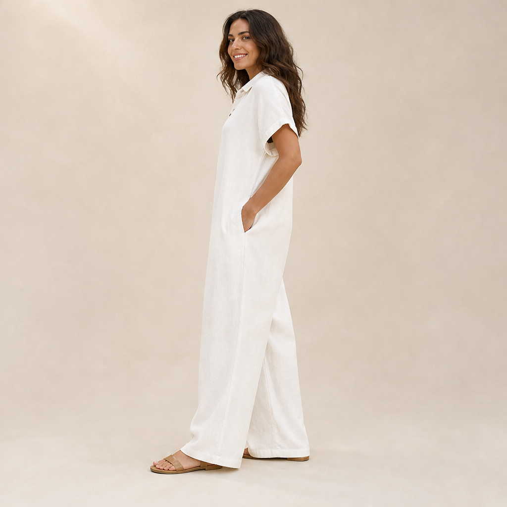 Marielle Tuta Donna Casual a Gamba Larga con Bottoni Effetto Lino - Tuta Ampia con Colletto e Maniche Corte lifestyle