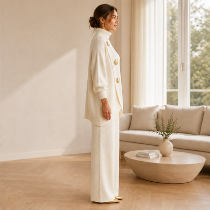 Vellucci – Completo Dolcevita con Bottoni e Pantaloni Palazzo lifestyle