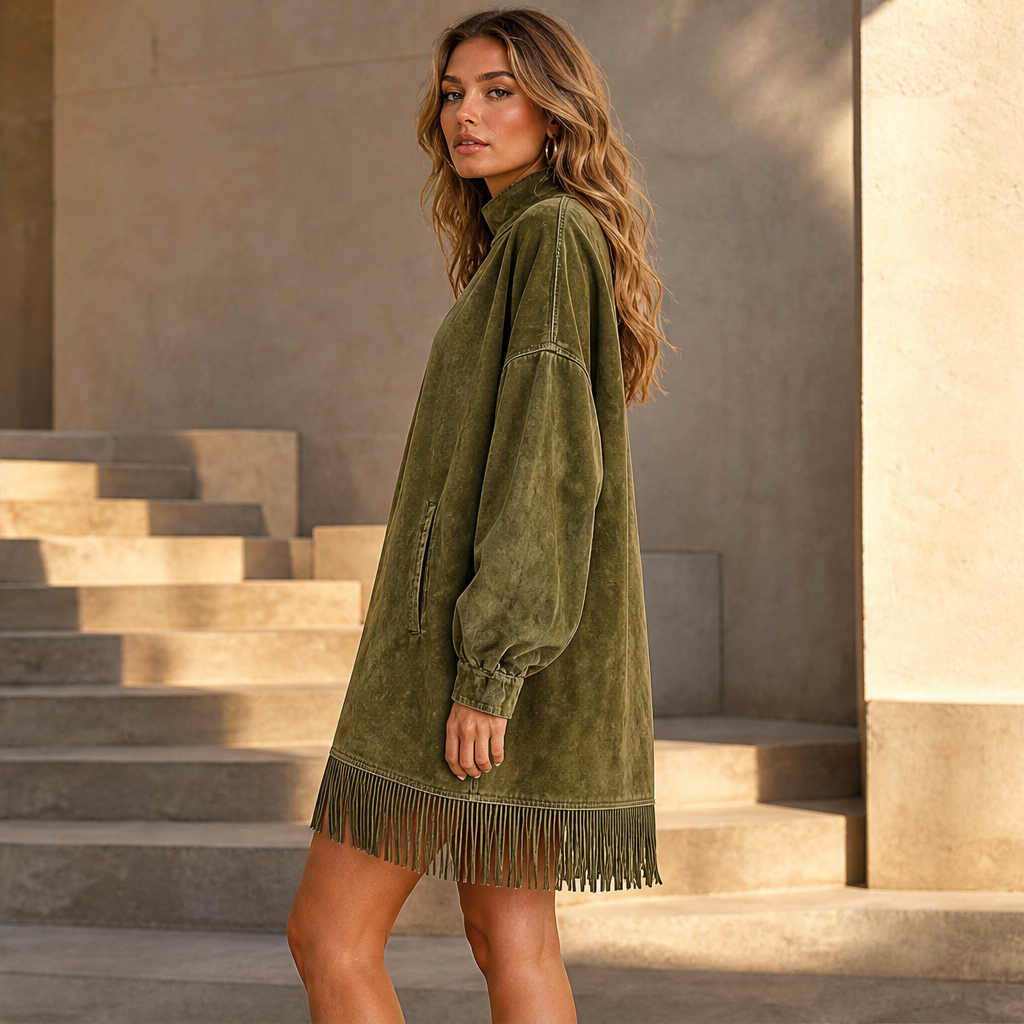 Varonne – Abito Dolcevita Effetto Denim con Frange lifestyle