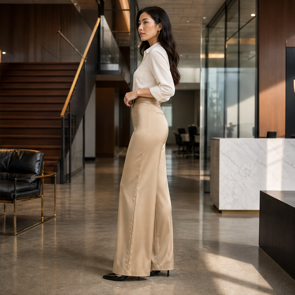 Varonia – Pantaloni Larghi in Raso Vita Asimmetrica lifestyle
