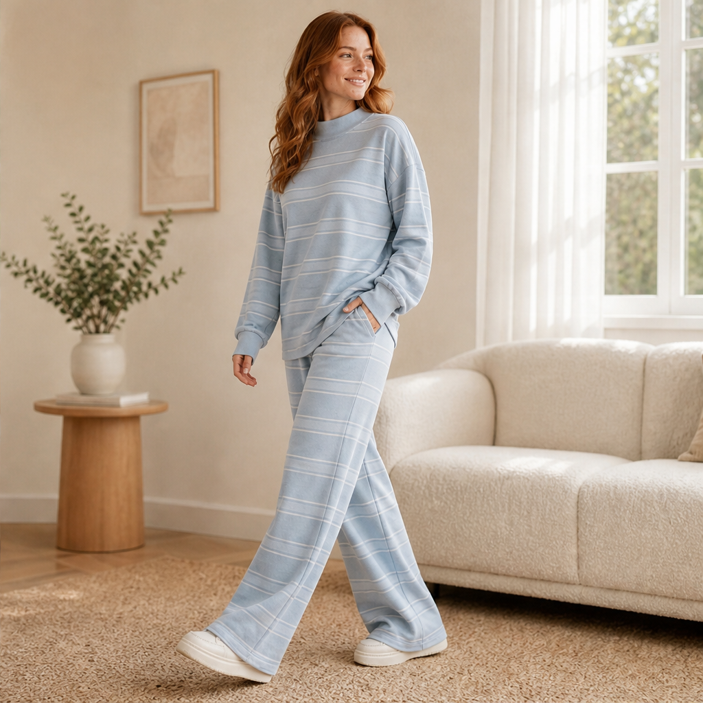 Marielou – Completo a Righe Collo Alto e Pantaloni Larghi lifestyle