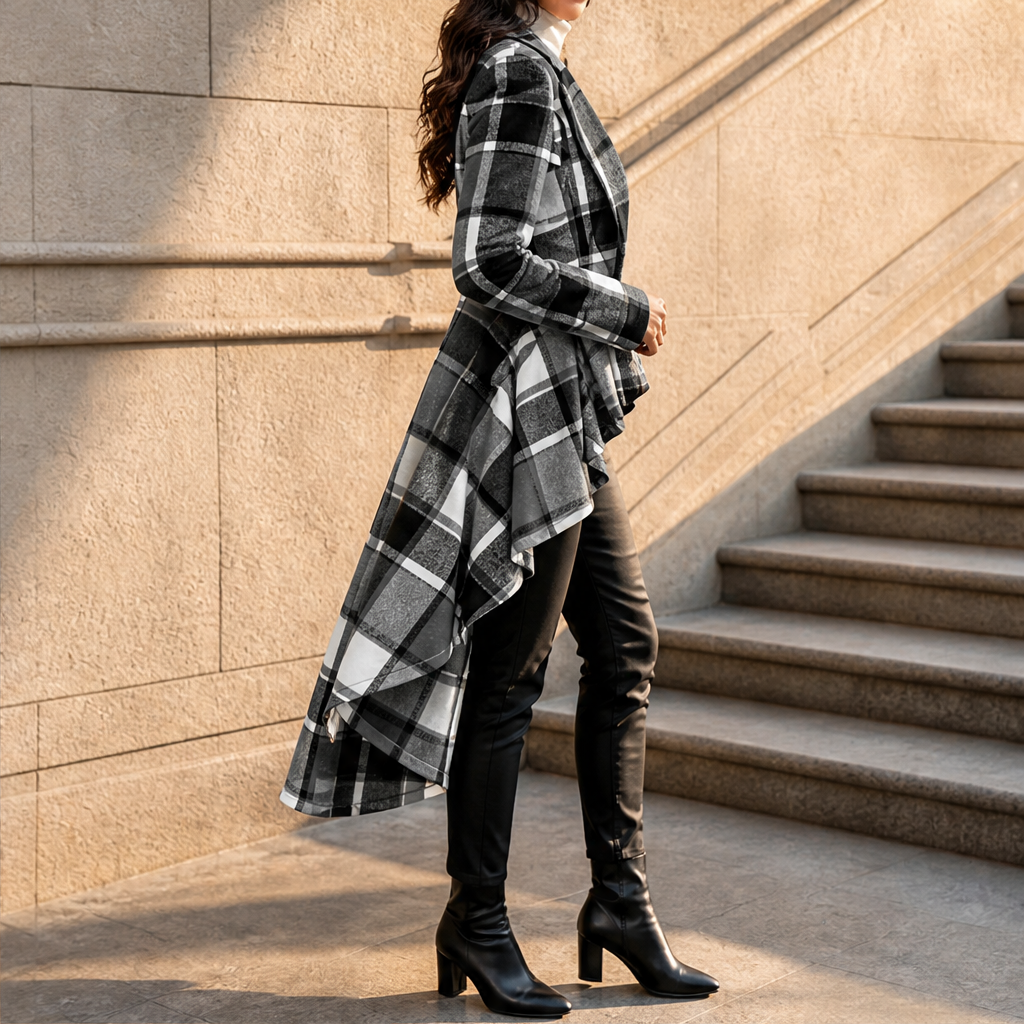 Varella – Cappotto Peplum a Scacchi Asimmetrico lifestyle
