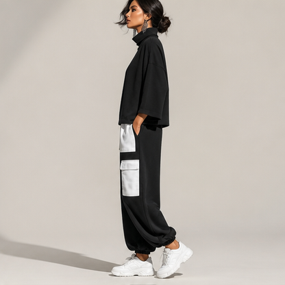 Completo Nero Top Collo Alto | Set Due Pezzi con Pantaloni Cargo Color Block lifestyle