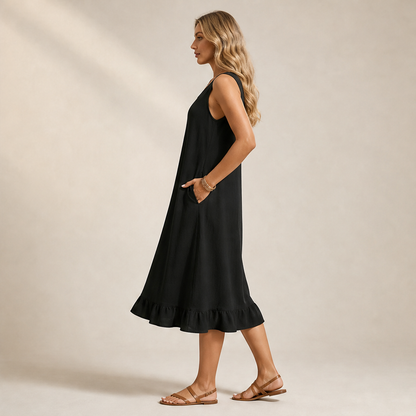 Marielle Abito Midi Donna Senza Maniche con Orlo a Volant e Doppie Tasche Frontali - Abito Estivo Casual in Misto Cotone lifestyle