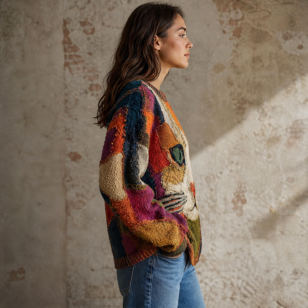 Chaya – Maglione Patchwork Ricamato Faccia di Gatto lifestyle