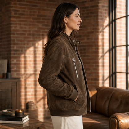 Velmara – Giacca Bomber Scamosciata Collo Coreano lifestyle