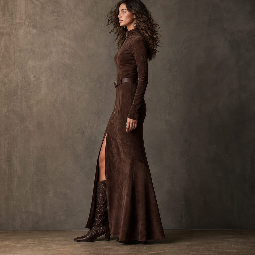 Velmora – Abito Lungo in Suede con Zip a Sirena lifestyle