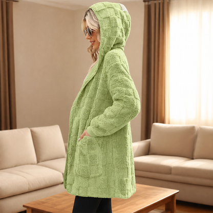 Morvenza – Cardigan Peloso a Quadri con Cappuccio lifestyle