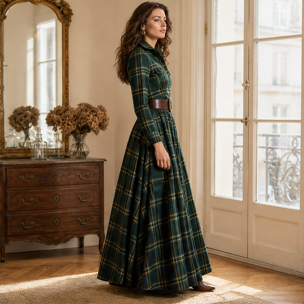Chavelle – Abito Scozzese Plissé con Cintura in Pelle lifestyle