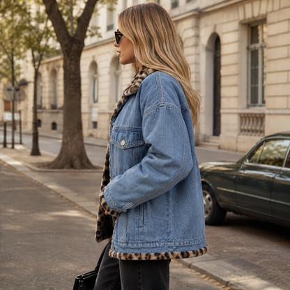 Velmora – Giacca di Jeans Reversibile con Interno Leopardo lifestyle