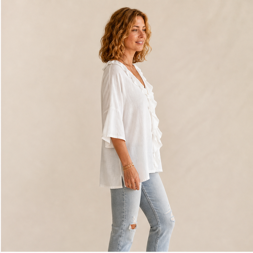 Blusa Bianca con Scollo a V e Volant | Elegante Top Effetto Lino da Donna con Maniche Svasate