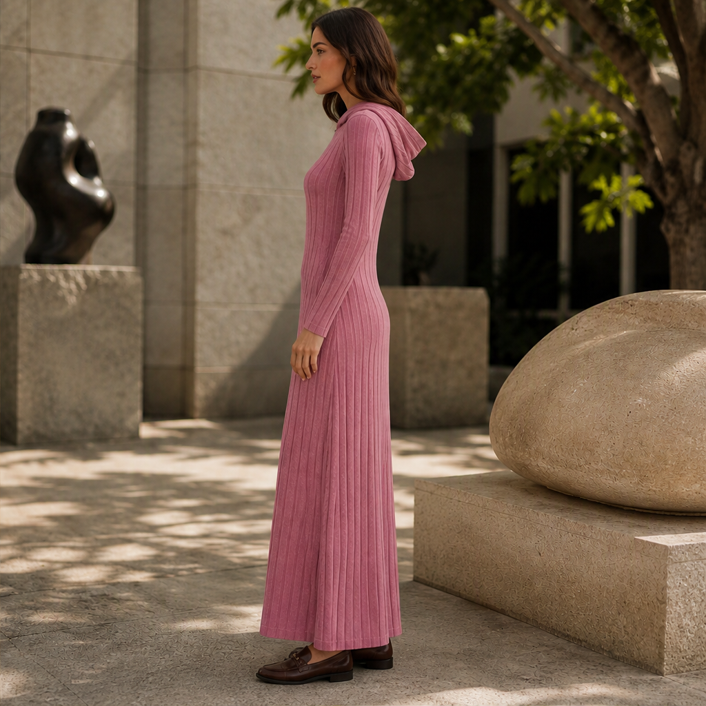 Velmora – Abito Maxi in Maglia a Coste con Cappuccio lifestyle